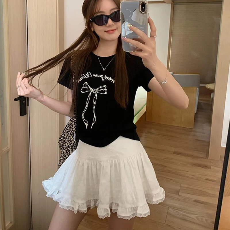 Biyaby Summer White Lace Mini Skirt Women Korean Chic High Waist Y2k Short Skirts Woman Ballet Style Ruffles Cake Skirts Female
