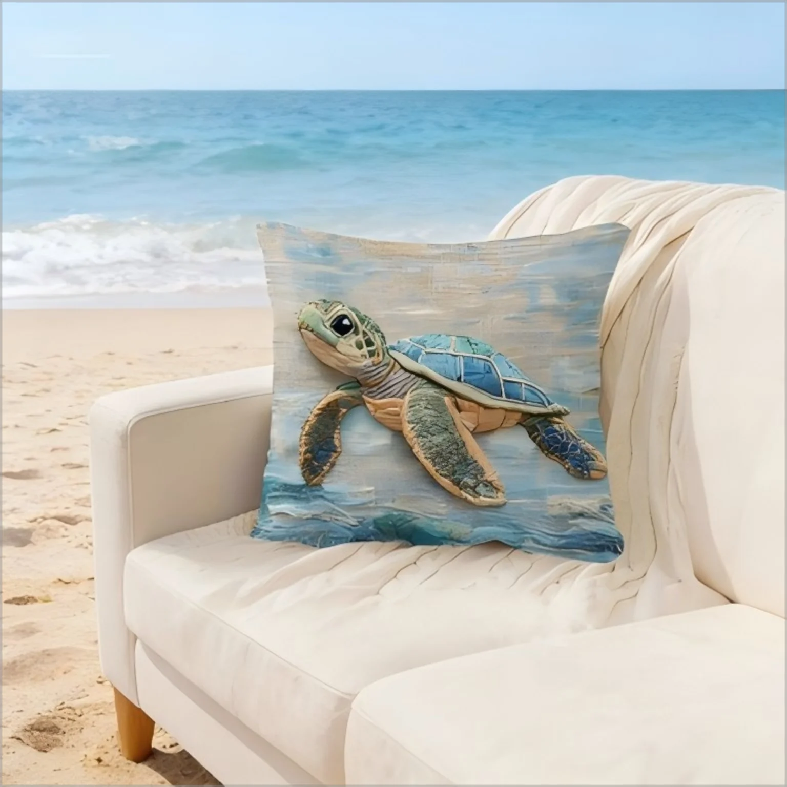 Cute Sea Turtle Pillow Cover 2D Faux Embroidery Print Ocean Marine Life Cushion Case for Sofa Bed Couch Coastal Beach  Home