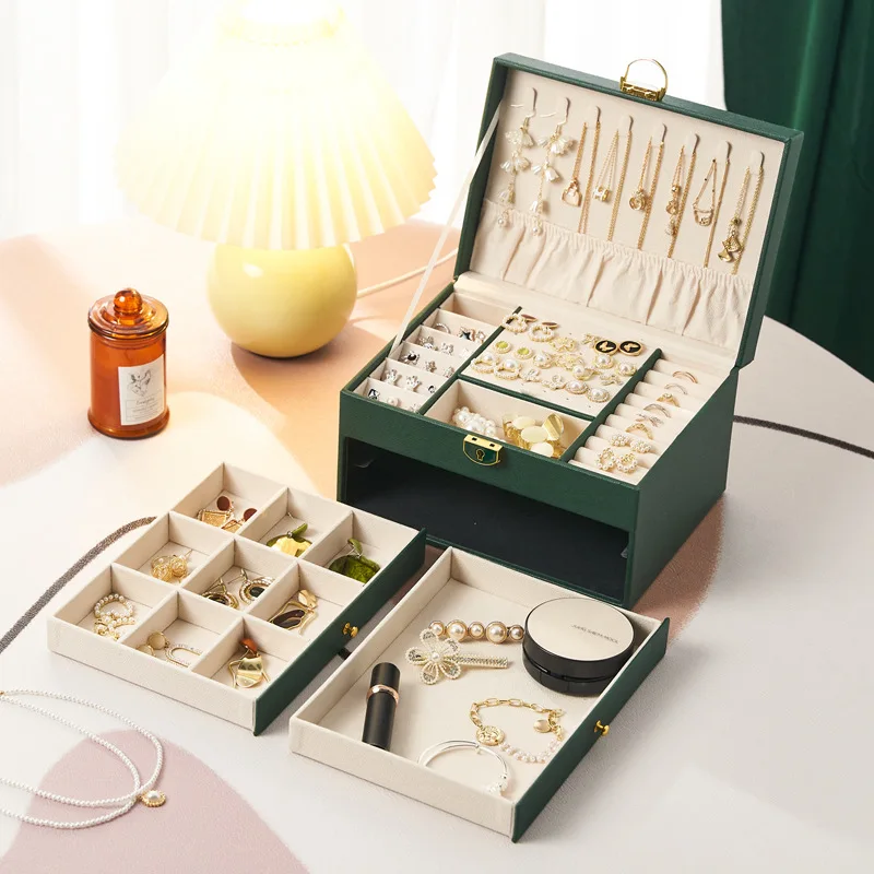 Luxe Drielaagse Lederen Sieraden Opbergdoos Met Lade Multifunctionele Accessoires Organizer