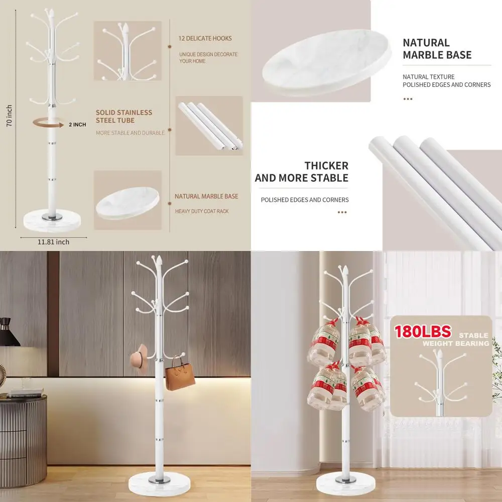 

Stylish Freestanding Coat Rack with 12 Hooks on Natural Marble Base - Heavy Duty for Entryway or Office (White)