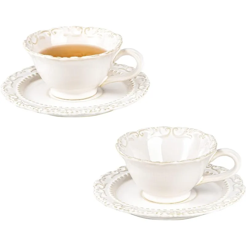 

2 Sets 200mL/6.8oz Ceramic Coffee Cup&Saucer,Beautiful Vine Emboss Porcelain Tea Mugs with Plates,Vintage Medieval Europe Style