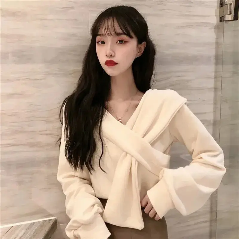 Sweatshirts Women Tender Solid Preppy Style Casual Criss-cross Design Spring Student Aesthetic Korean Stylish Clothes Simple New