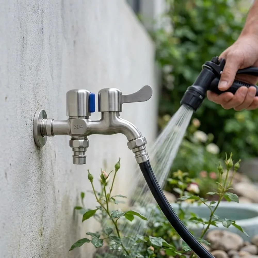 Stainless Steel Faucet Double Outlet Dual Control Water Tap One in Two Out 1/2