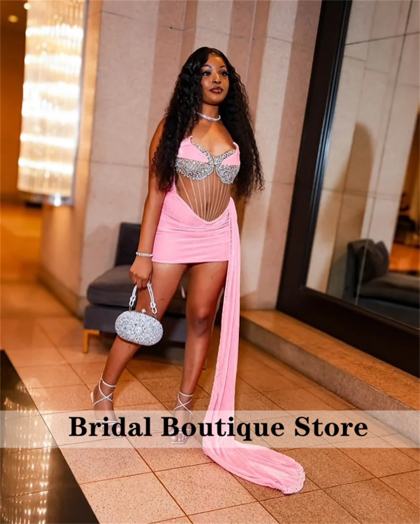 

Sexy Pink Short Prom Dress For Black Girls Cocktail Dress Bead Diamonds Crystals Side Train Birthday Dress Customized