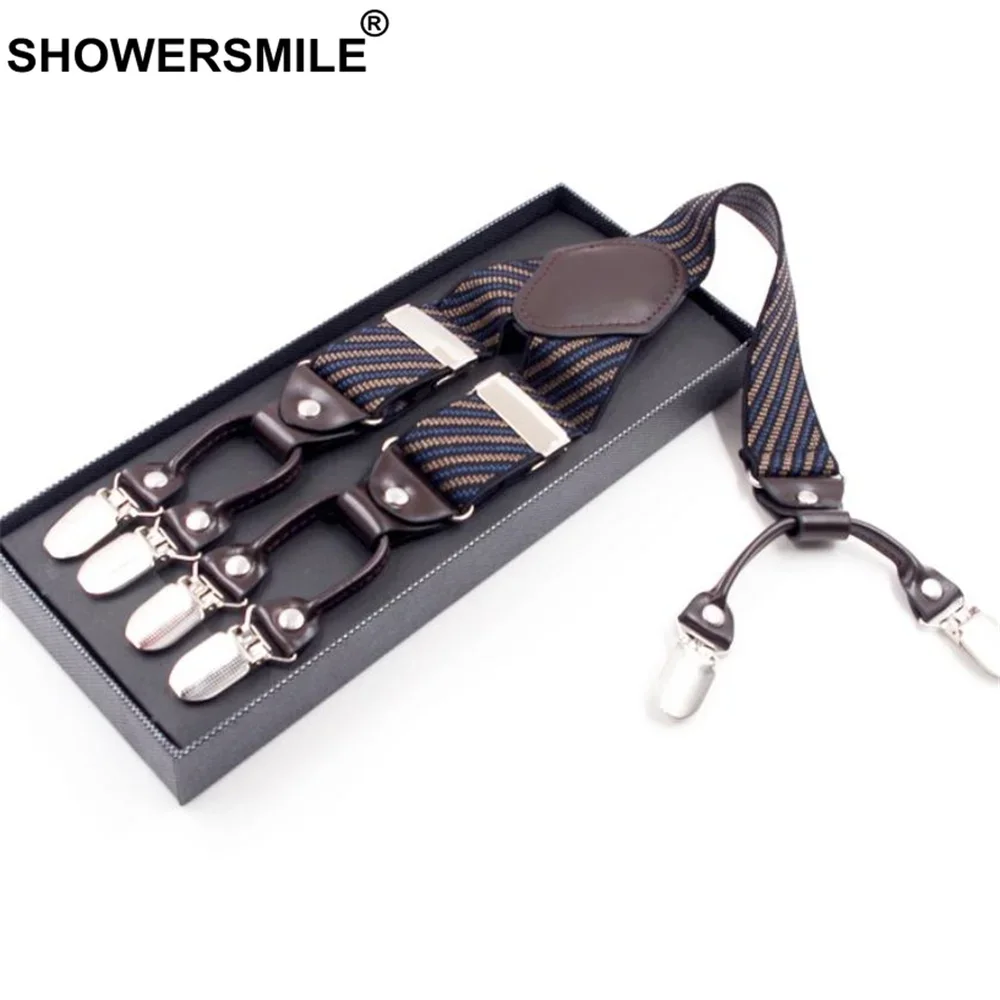 SHOWERSMILE Mens Leather Suspenders Jacquard Striped 6 Clips Man Braces for Trousers Y Back Male Business Suspenders Long 125cm