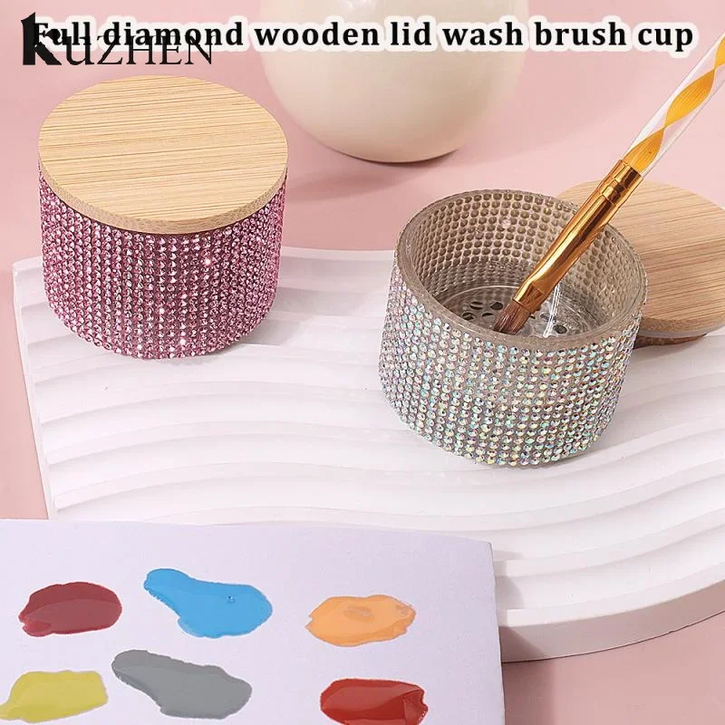 Tazza per unghie Tazza in vetro cristallo di diamante Porta ciotola per liquido acrilico Lavaggio per penna per unghie Piatto Dappen con coperchio in legno Strumento per manicure di lusso