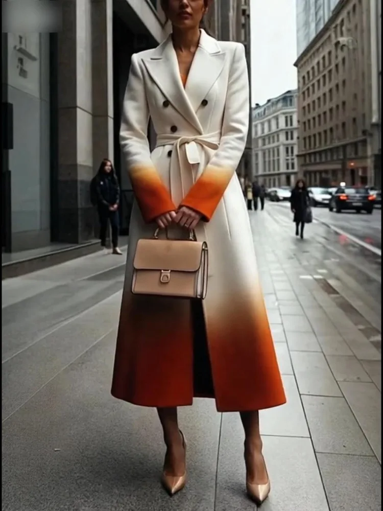 

Yeezzi 2026 New Women's Gradient Long Coat Double-Breasted Belted Trench Coats Elegant Warm Winter Jacket Office Lady Outerwears