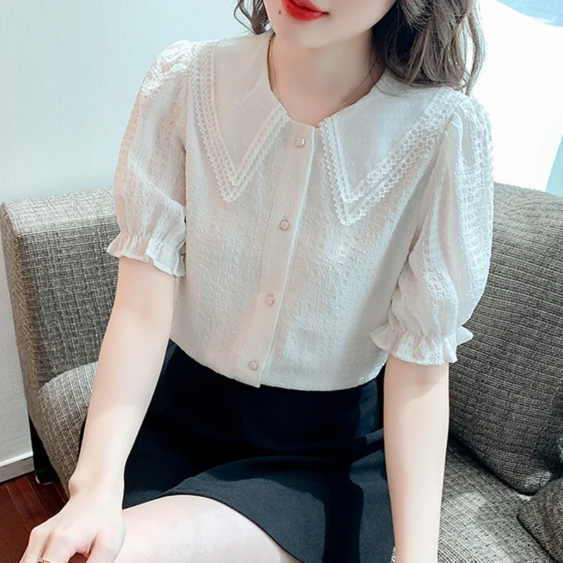 Lace Patchwork Chiffon Shirts Womens 2024 Summer Korean Fashion Clothes Casual Blouses Vintage Puff Sleeve Tops Blusas Mujer