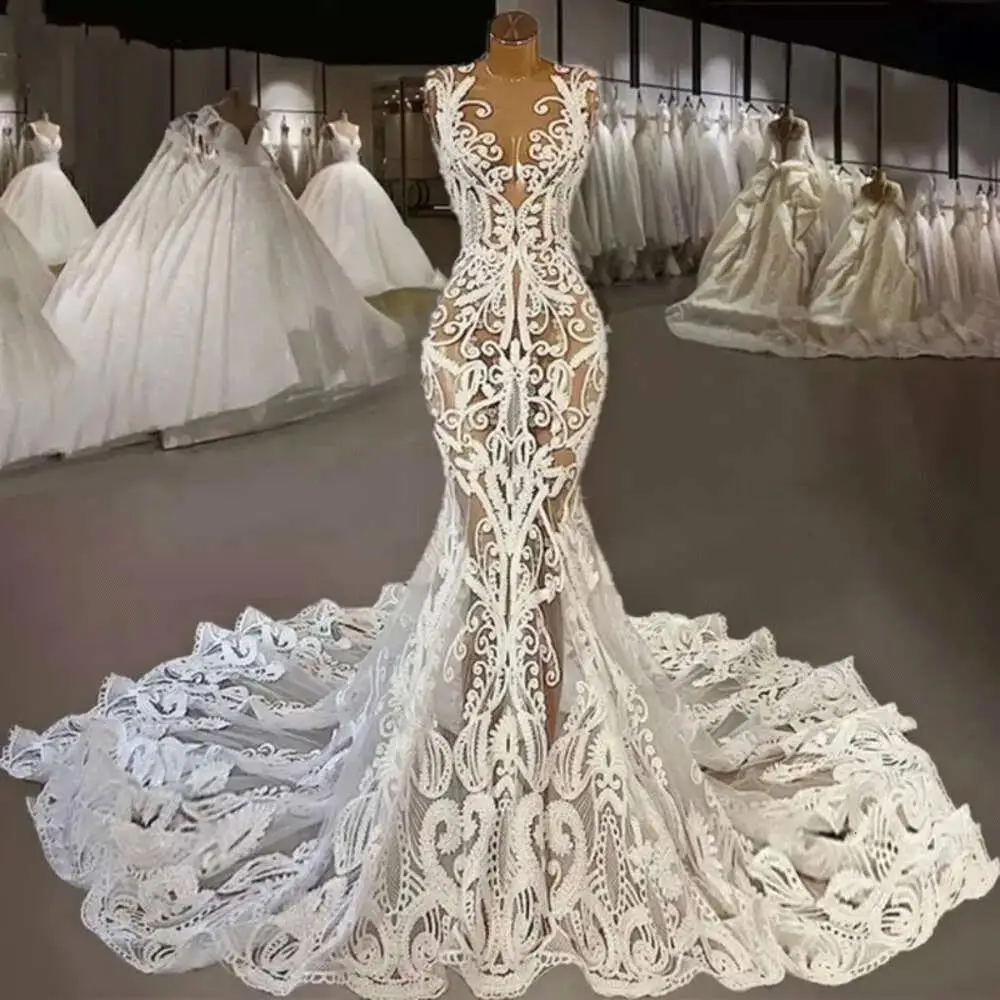 Vestidos De Casamento De Renda Com Trem Da Catedral, Sexy Ilusão Voltar Sereia Vestido, Robe Romântico, Novo