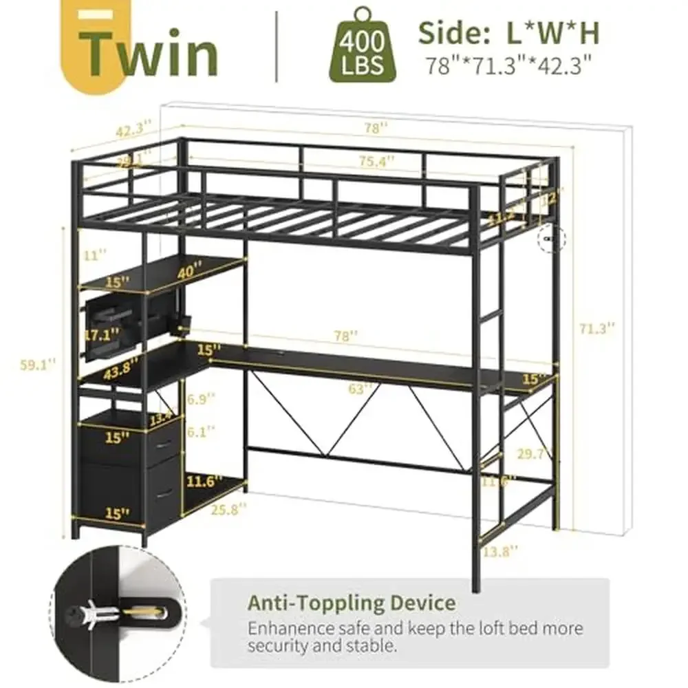 Twin Loft Bed with Desk Metal Frame Charging Station Guard LED Lights 2 Storage Drawers AC Outlets USB Twin Bed Easy Assemble &