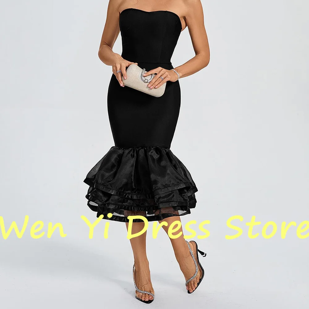 Black Mermaid Short and Elegant Party Gowns Tea Length Pleats Sweetheart Satin Sleeveless Tiered Dresses For Formal Occasions