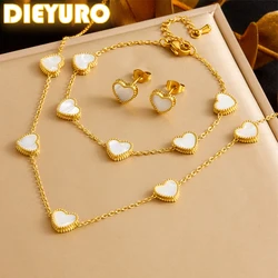 DIEYURO 316L Stainless Steel Simple Elegant White Shell Heart Necklace Earrings Bracelet Suit Girls New Trend Jewelry Gift Set