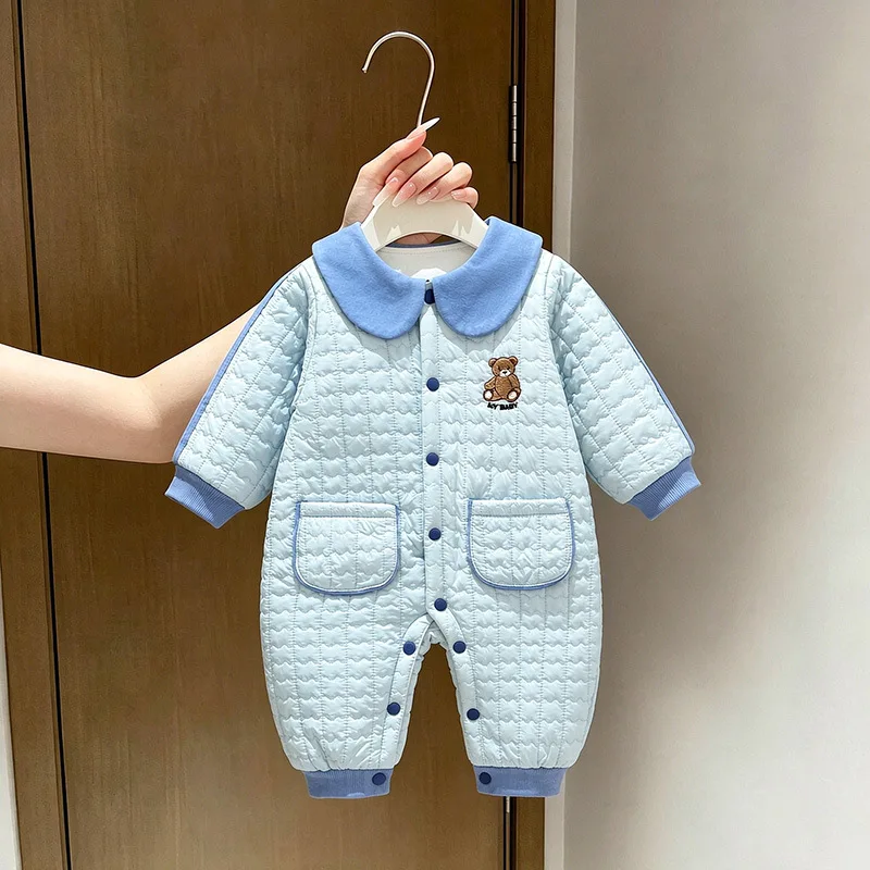 Quilted Winter Baby Romper Thickened Warm Padded Jumpsuit Turn-dowan Collar Bear Embroidery Infant Toddler Onesie Unisex 0-18M