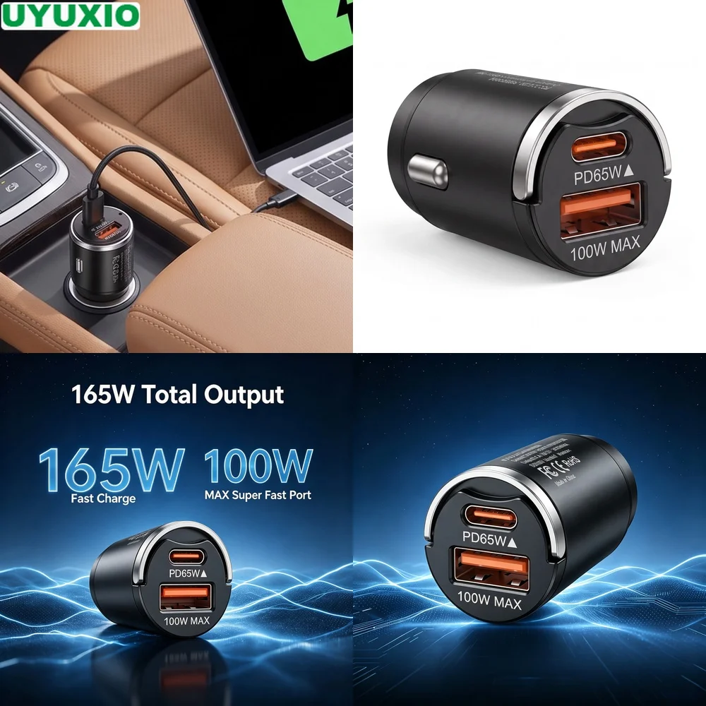 carregador-de-carro-embutido-de-165w-com-saidas-usb-c-de-65w-e-usb-a-de-100w-design-de-baixo-perfil-em-liga-de-zinco-para-viagens-de-negocios-e-deslocamentos-diarios