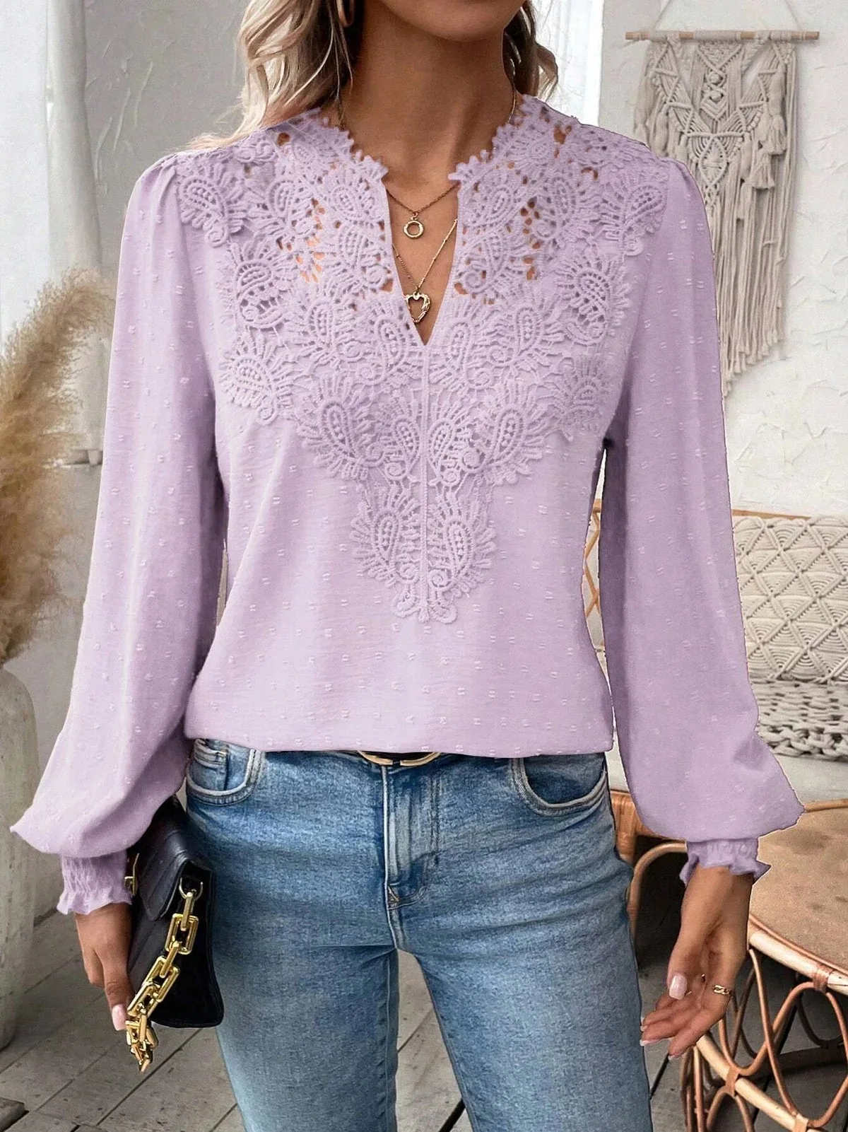 Womens Long Sleeve Sweaters Fall 2024 Trendy Sexy Lace V Neck Puff Sleeve Pullover Sweater Cute Tops