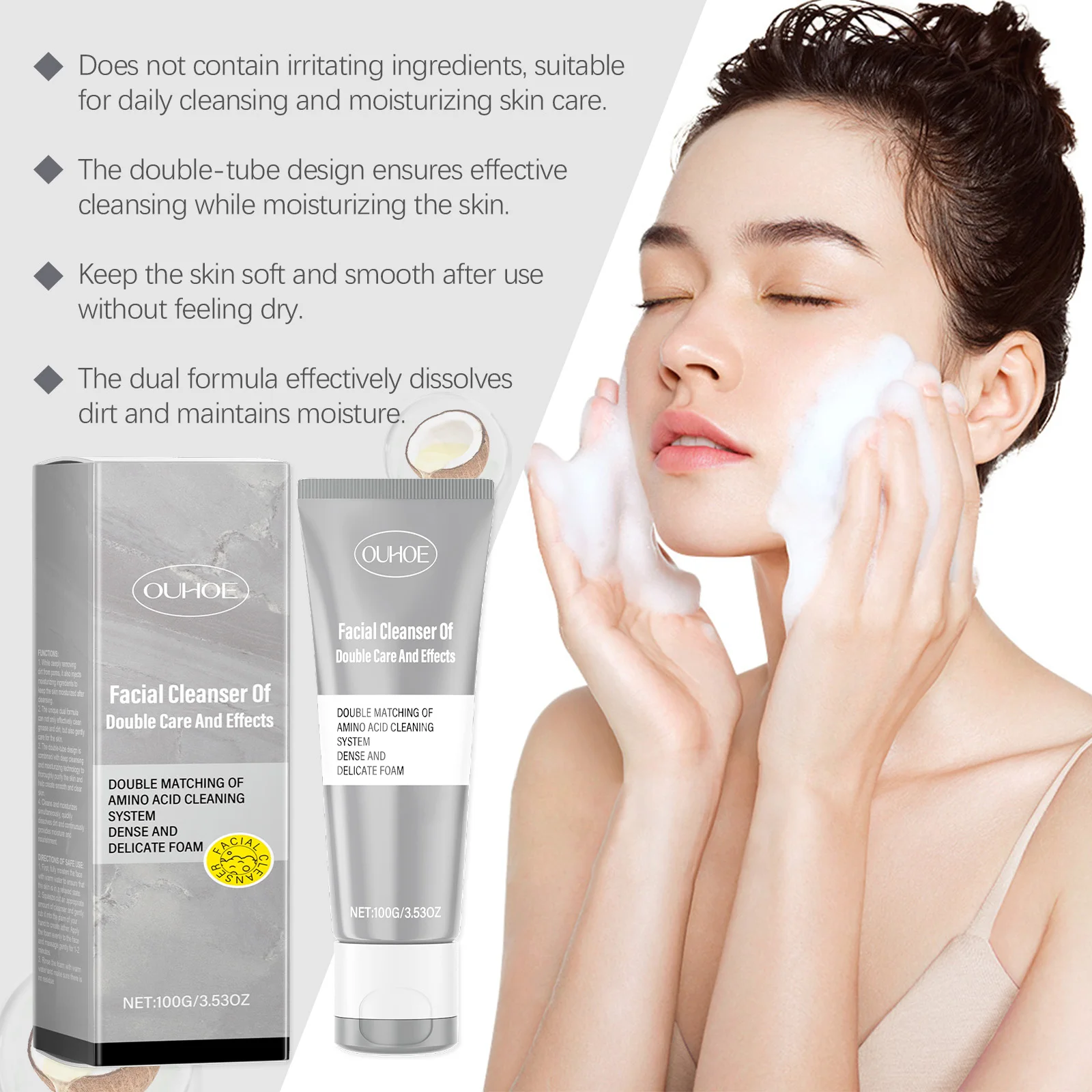 OUHOE Dual Effect Facial Cleanser Deep Purification Long-Lasting Moisturizing Gentle Formula Fresh Texture