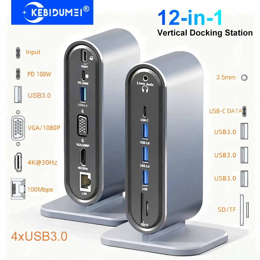 

Вертикальная док-станция 12-в-1, USB-концентратор типа C, разветвитель HDMI 4K30 Гц/LAN 100M/USB3.0, 5 Гбит/с/VGA 1080P/PD100W для ноутбука MacBook
