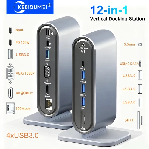 Estación de acoplamiento Vertical 12 en 1 USB C HUB tipo C divisor HDMI 4K30Hz/LAN 100M/USB3.0 5Gbps/VGA 1080P/PD100W para ordenador portátil MacBook