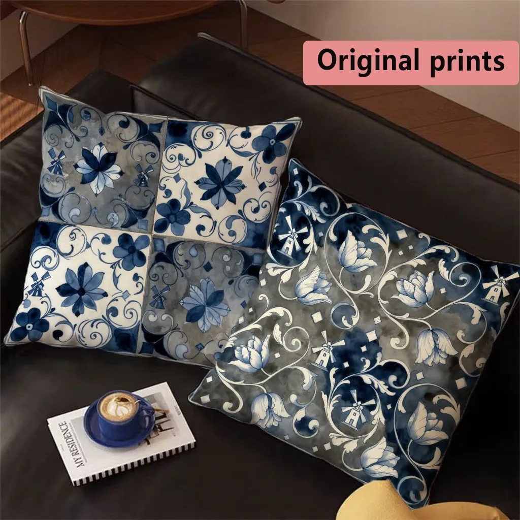 Blue Porcelain Style Pillow Covers Pattern Cushion Cover Suitable for Sofa Bedroom Car Pillow Cover