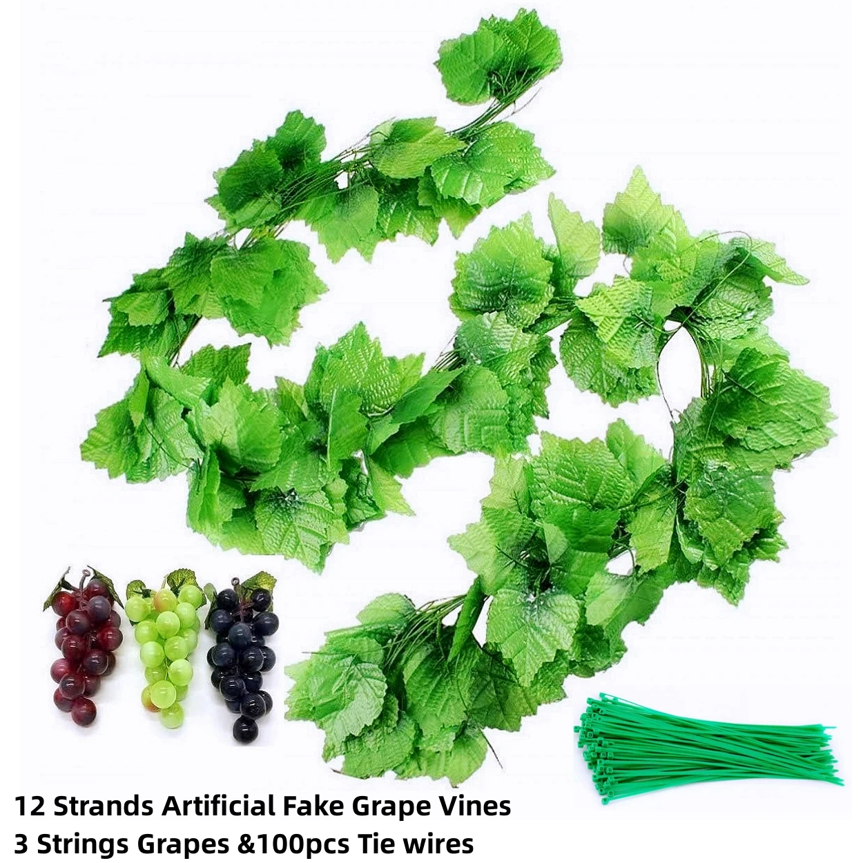 12 Strands Artificial Fake Grape Vines With 3 Strings Grapes 100pcs Tie Wires, Hanging Plant Large Leaves Garland For Wedding Pa