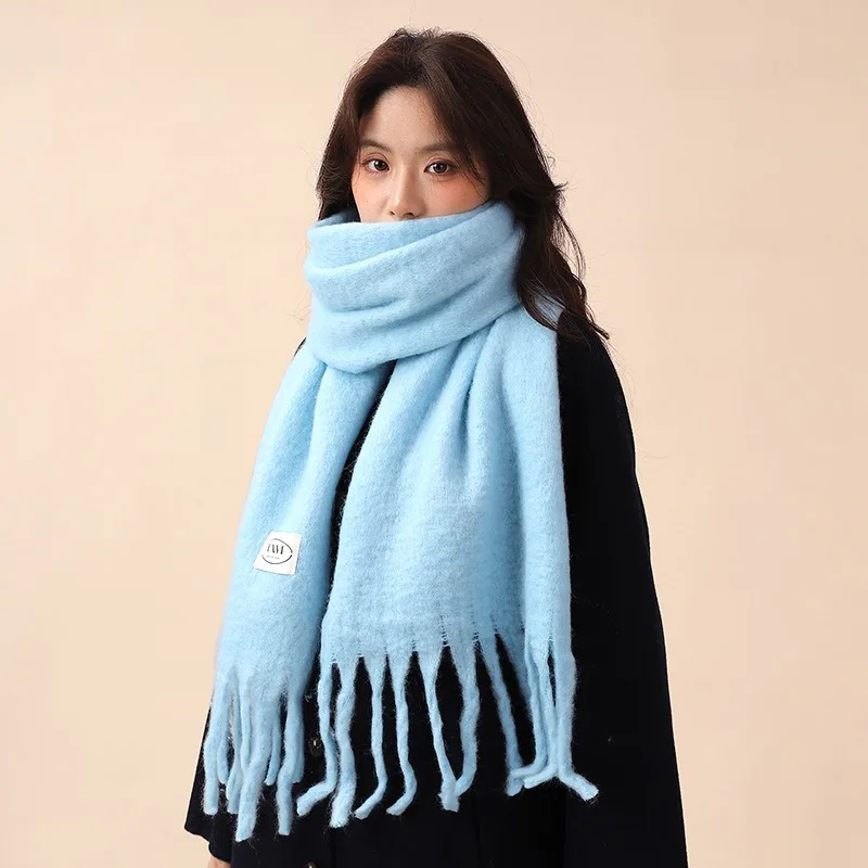Wool Scarf Simple Solid Color Icelandic Blue Autumn Winter Fluffy Warm Versatile European American Temperament Soft Cozy