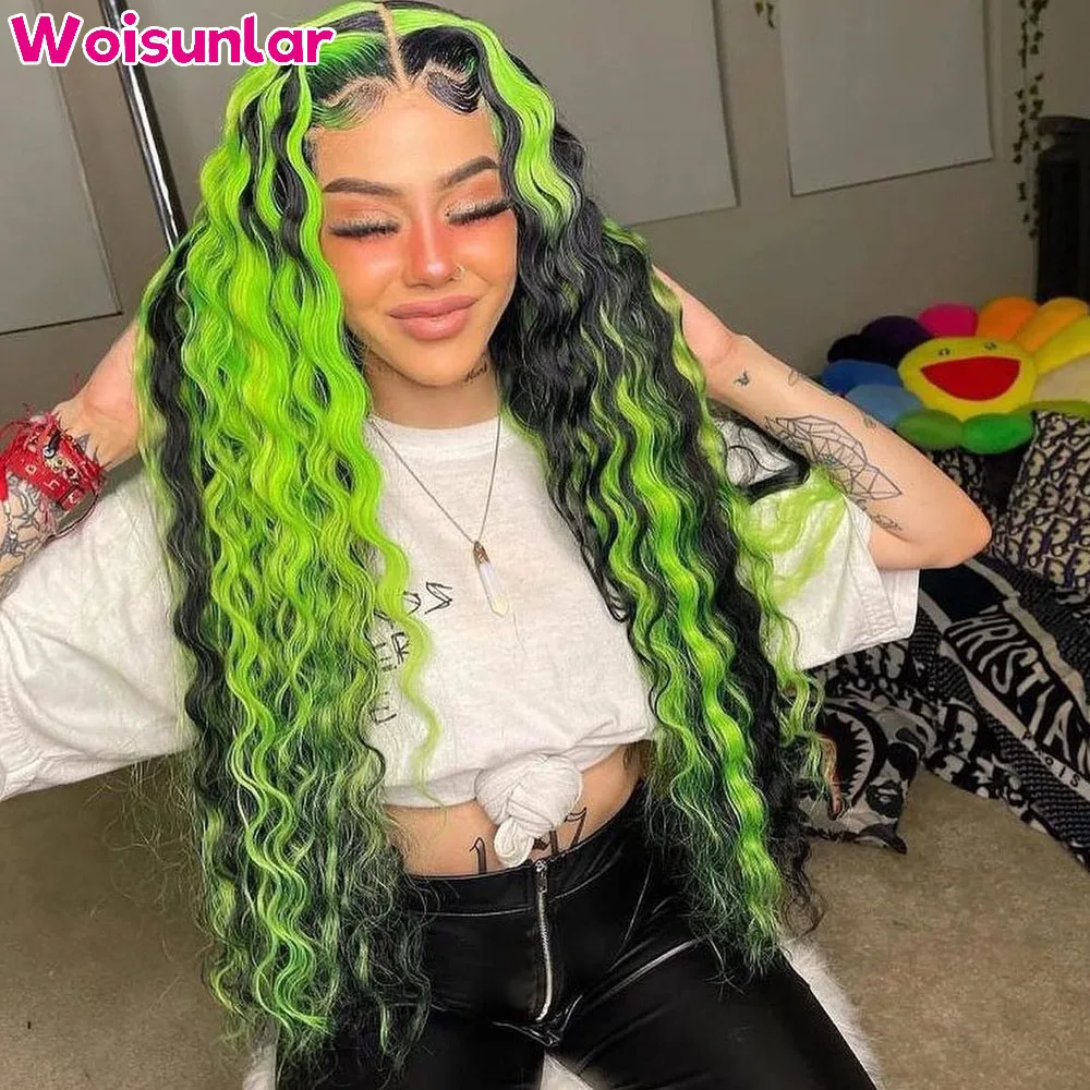 Loose Deep Curly Transaprent Lace Wig Highlight Black and Green Black and 613 Blond Lace Frontal Human Hair Wig For Black Women