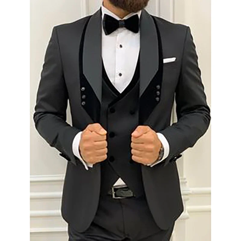 

Men Suits Black Regular Fashion Elegant Shawl Lapel Jacket Pants Vest Three Piece Slim Fit Casual Prom Costume Hommes Custom