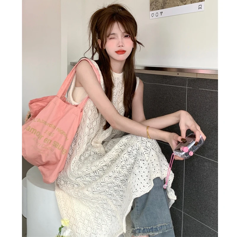 

Summer Solid Color Hollow Out Medium Long Chic Knitted Cardigan New Korean Casual Slit Sleeveless O Neck Retro Women's Clothing