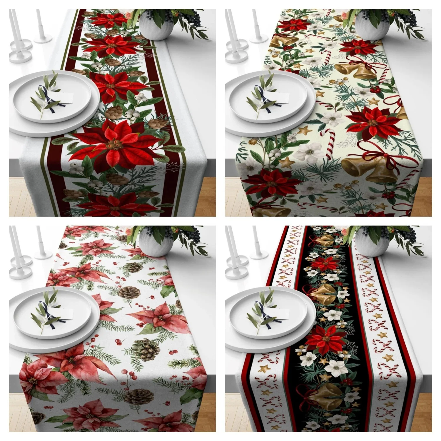 

Christmas Dinner Table Runner|Winter Trend Tabletop|Xmas Bells Home Decor|Pine Cone and Flowers Tablecloth