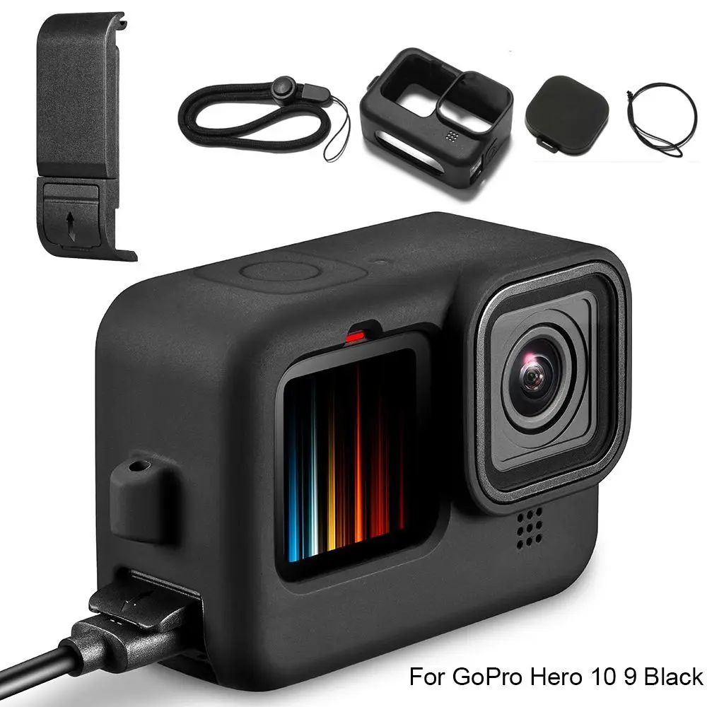 Protector a prueba de golpes anticaída tapa lateral de batería funda de silicona tapa extraíble tapa de lente para GoPro Hero 12/11/10/9 negro