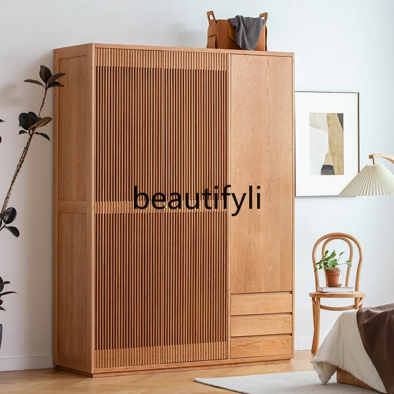 Nordic simple modern all-solid wood wardrobe cherry wood black walnut wardrobe door grille three-door combination wardrobe