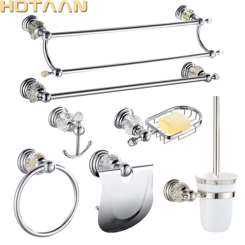 Luxury Crystal Silver Bathroom Accessories Set Chrome Polished Brass Bath Hardware Set Wall Mounted Bathroom Products banheiro