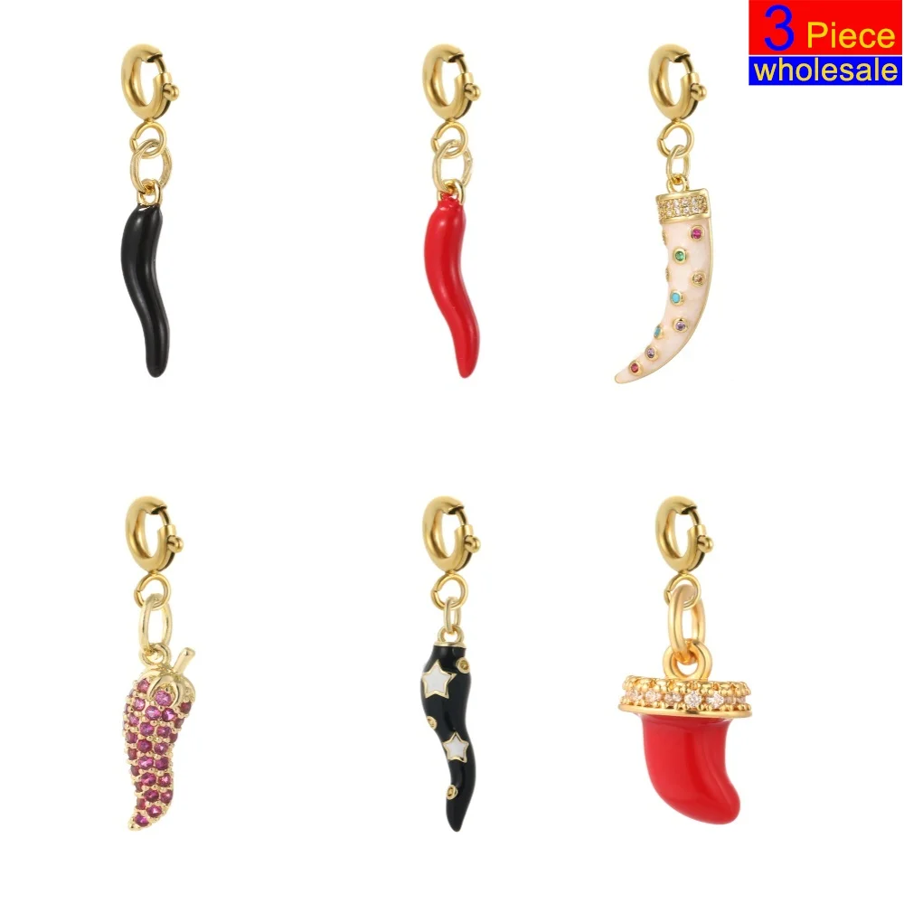 

3pcs stainless steel spring buckle Bohemian cute enamel Colorful chili charms golden pendant DIY necklace keychain accessories