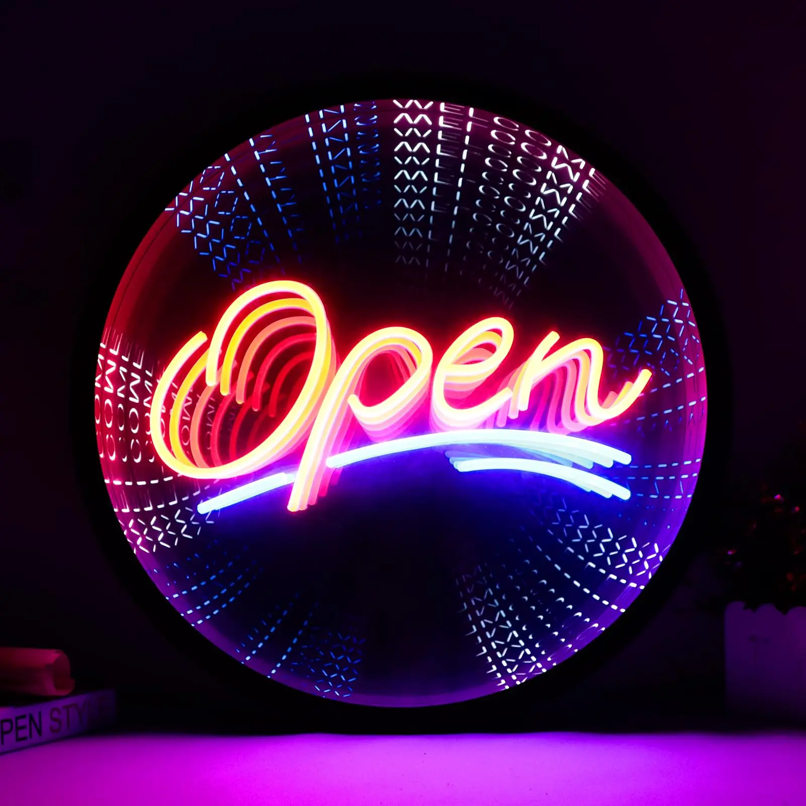 

Large Open Mirror Tunnel Business Signs Welcome Lights for Shop Bar Clup Restaurant Display Round Shape Neon Lights Abyss Effect