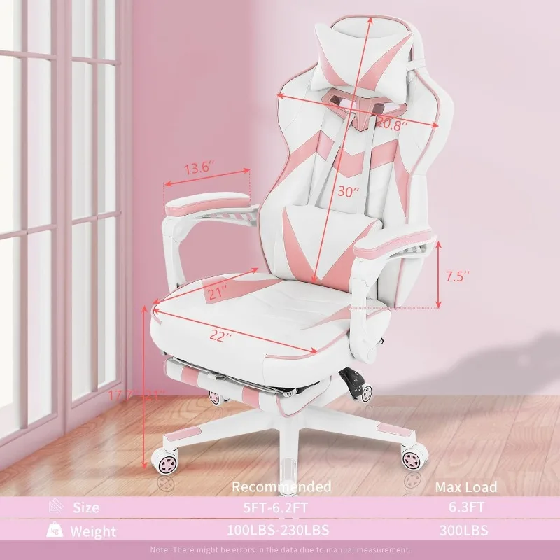 Pink Gaming Chair with Footrest,Big and Tall Gaming Chairs for Adults,Girls Computer Chair for High Back and Massage