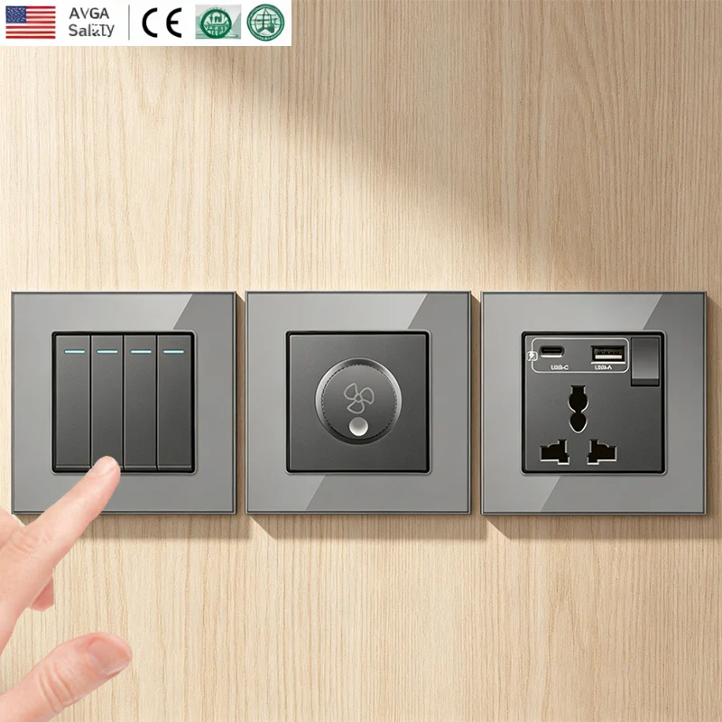 

UK Tempered Glass Wall Socket With On/Off Switch, USB Type-C PD 18W Fast Charging Universal Home Power Outlet for Wall Lamp