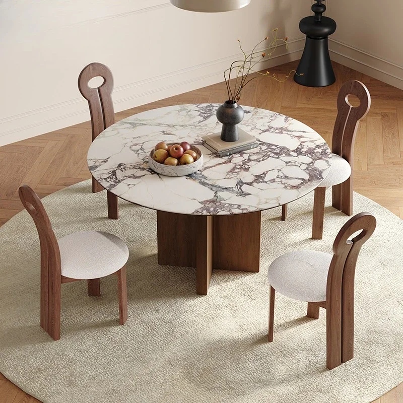 French retro North American black walnut dining table and chairs, travertine rock slab small apartment solid wood round dining