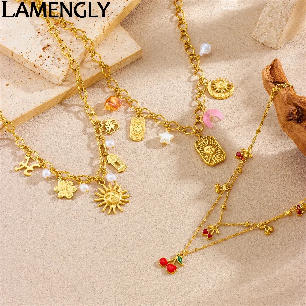 

LAMENGLY 316L Stainless Steel Exaggerated Sun Face Moon Eye Cherry Multiple Pendant Necklace Women Personal Chic Neck Chain Gift