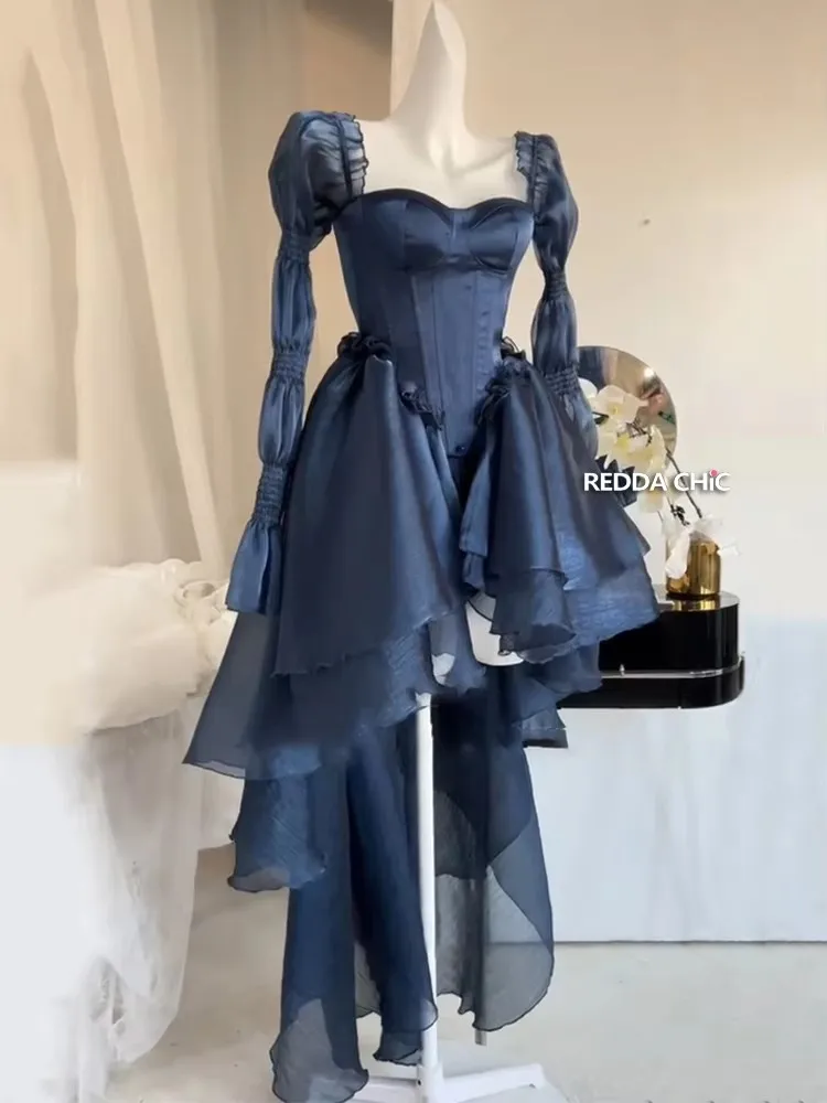 ReddaChic High-Low Trail Princess Dress Women Puff Long Sleeves Lace Up Jacquard Satin Ruffle Mini Dress Wedding Party Ball Gown