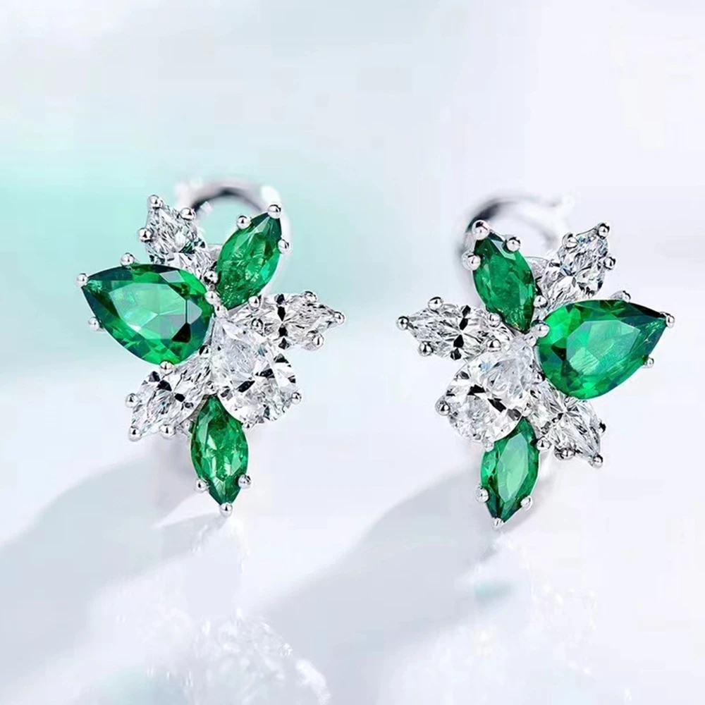 WUIHA 100% 925 Sterling Silver Sparkling Pear Marquise Cut Emerald High Carbon Diamonds Gemstone Ear Studs Earrings Fine Jewelry