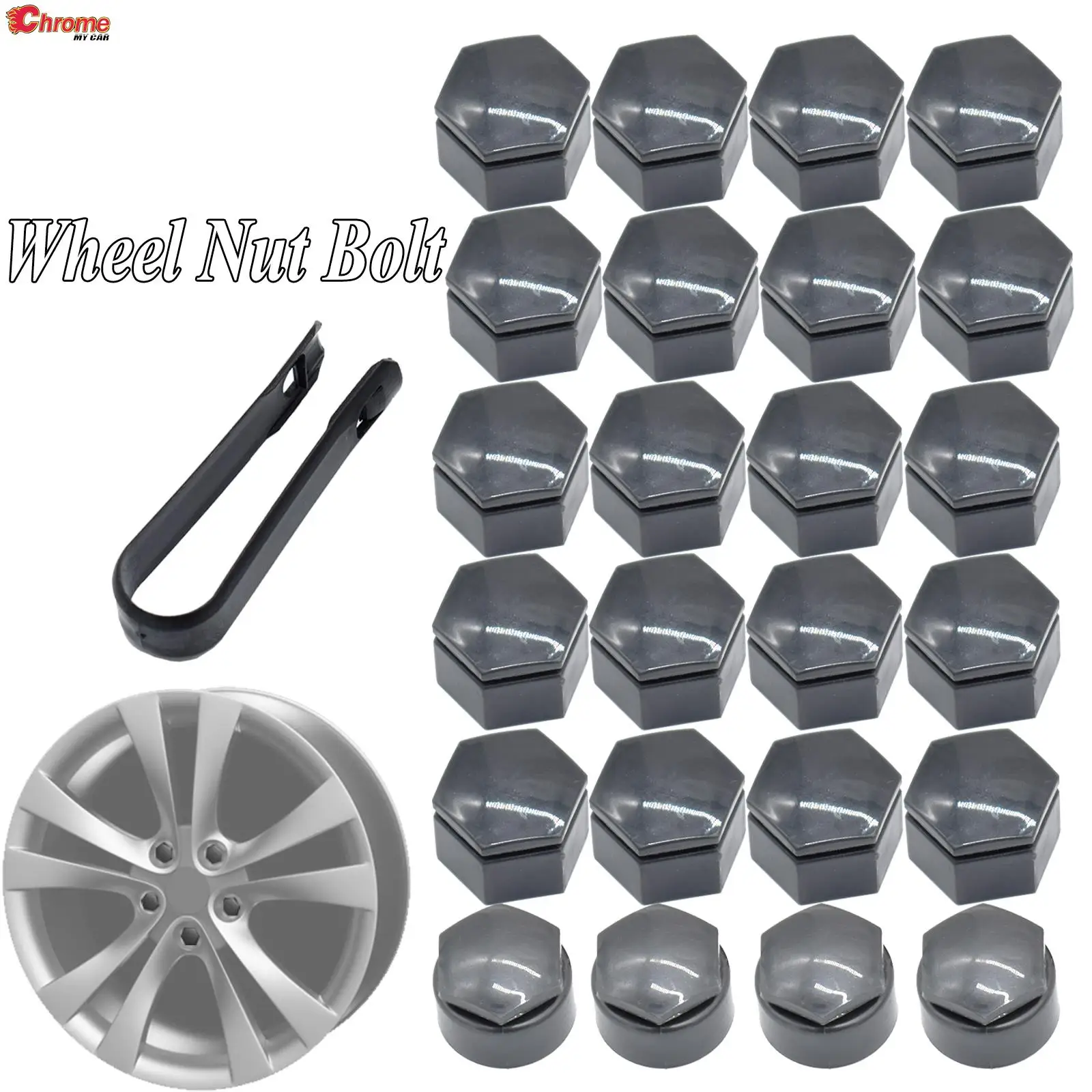 24x 22mm Grey Wheel Nut Bolt Cover Caps Set W/ Puller For Opel Vauxhall Holden Insignia Chevrolet Vectra Buick Regal 2010 - 2017