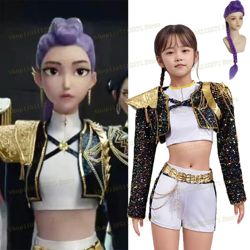 

Kids Huntrix Rumi Zoey Mira Cosplay Costume Black Gold Uniform Set KPop Demon Hunters Outfit Halloween Role Play Party