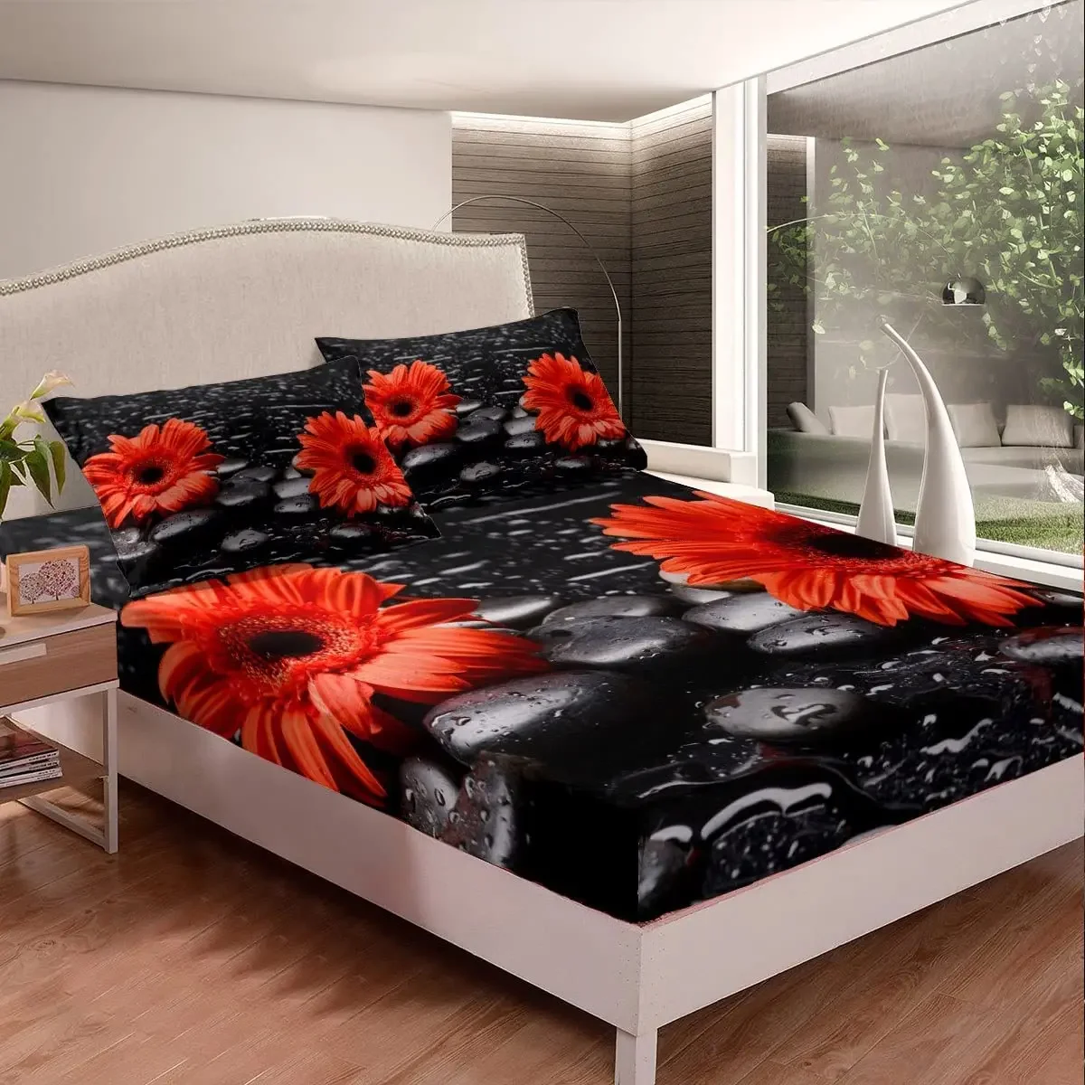 Cobblestone Bed Sheets Full Red Flower Bedding Set for Teens Women Bedroom Nature Garden Floral Fitted Sheet Daisy Decor Bedding