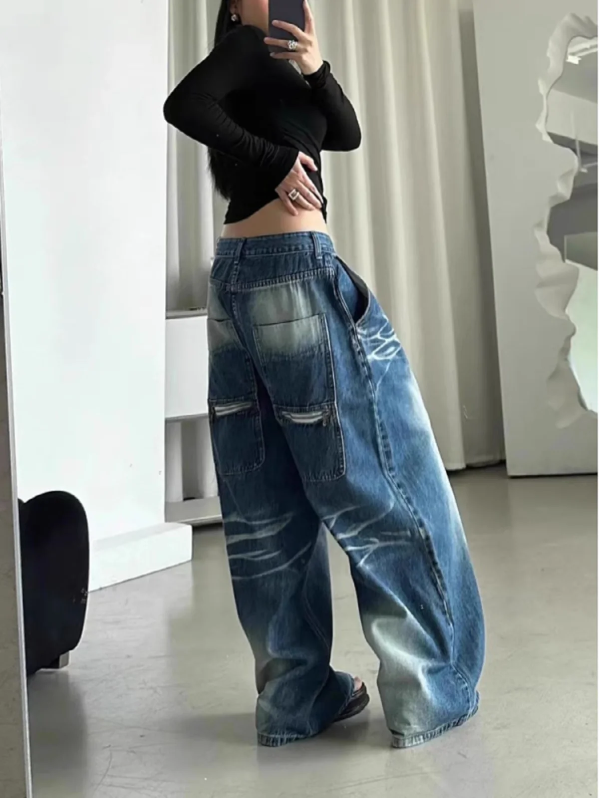 High Waist Wide Leg Women's Jeans American Waed Denim Pants Loose Straight Cut Trousers Floor-Length Autumn Winter New Sle