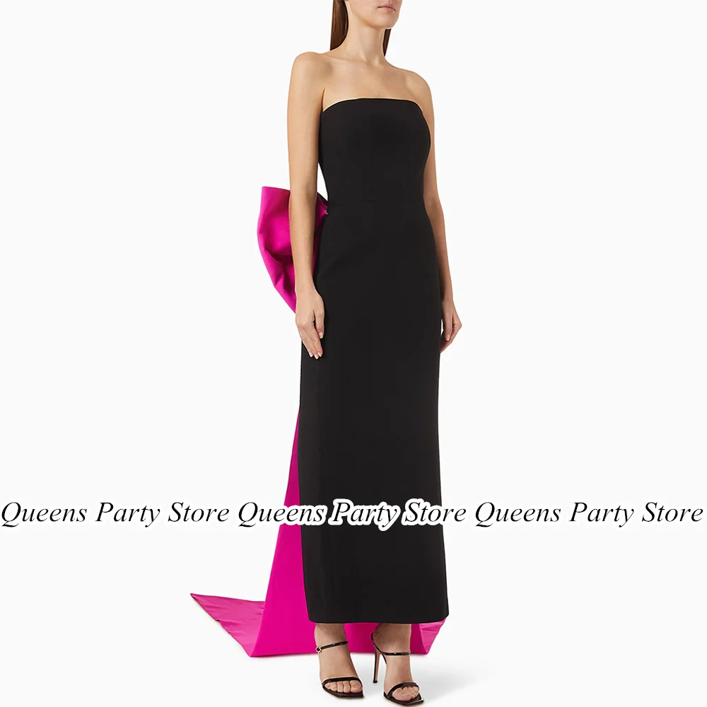 

Black Evening Dress with Fuchsia Bow Train Strapless Sleeveless Ankle Length Saudi Arab Prom Gown Party Dresses for Weddings