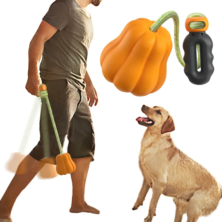 Quietschendes Hundespielzeug, robustes Kauspielzeug, interaktives Spielzeug für kleine/mittlere/große Hunde zum Gummi-Kürbis mit Kordelzug, werfendes Halloween