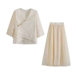 PB&ZA2024 Summer New Product Casual Women's Fashion Simple Embroidery Slant Flap Tie up Top Split Half Skirt Set