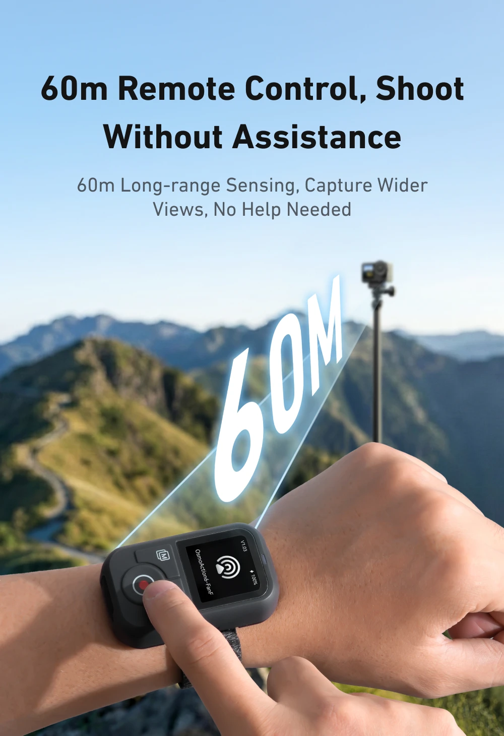 TELESIN 60M Bluetooth-Fernbedienung für DJI OSMO Action 6 5pro 4 OSMO 360 mit Handgelenkschlaufe und Bildschirmanzeige für DJI Action 4 5 6 – Detail 9