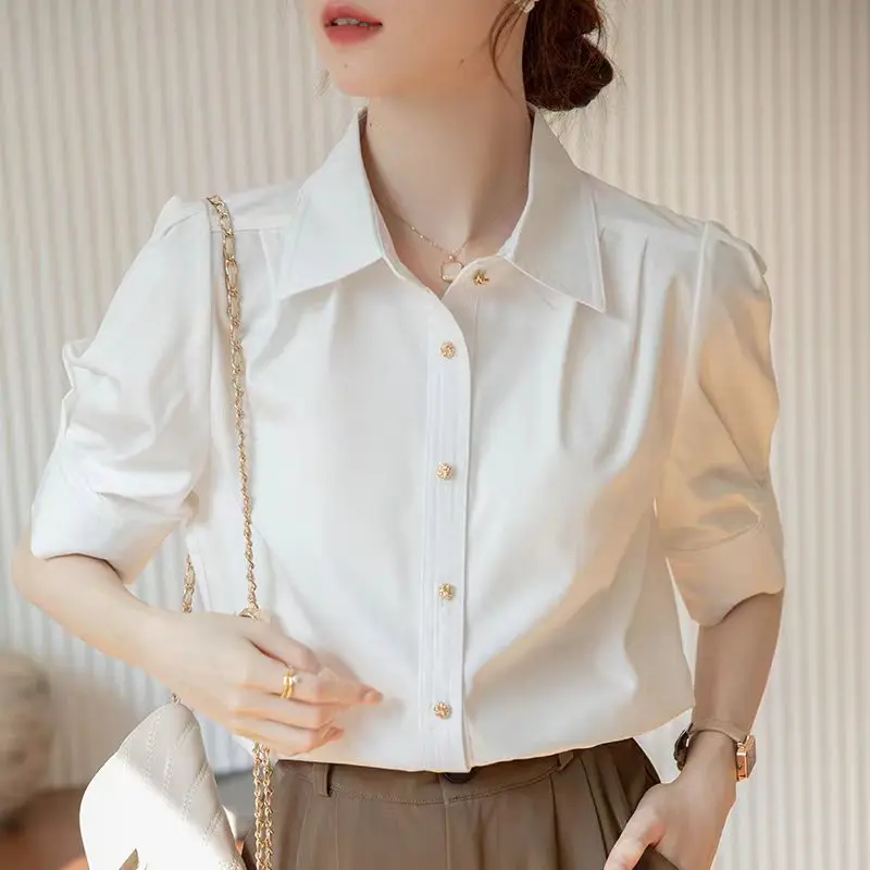 Summer Office Lady Short Sleeve Shirts Women\'s Solid Color Basic Blouse Korean Fashion Button Up Elegant Female Clothing Tops