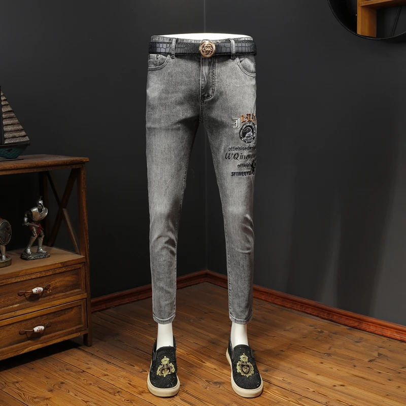 

Slim Fit Men's Jeans Embroidered Thin Denim Summer Faionable Korean Sle Casual Low Waist Zipper ket Youth Trendy